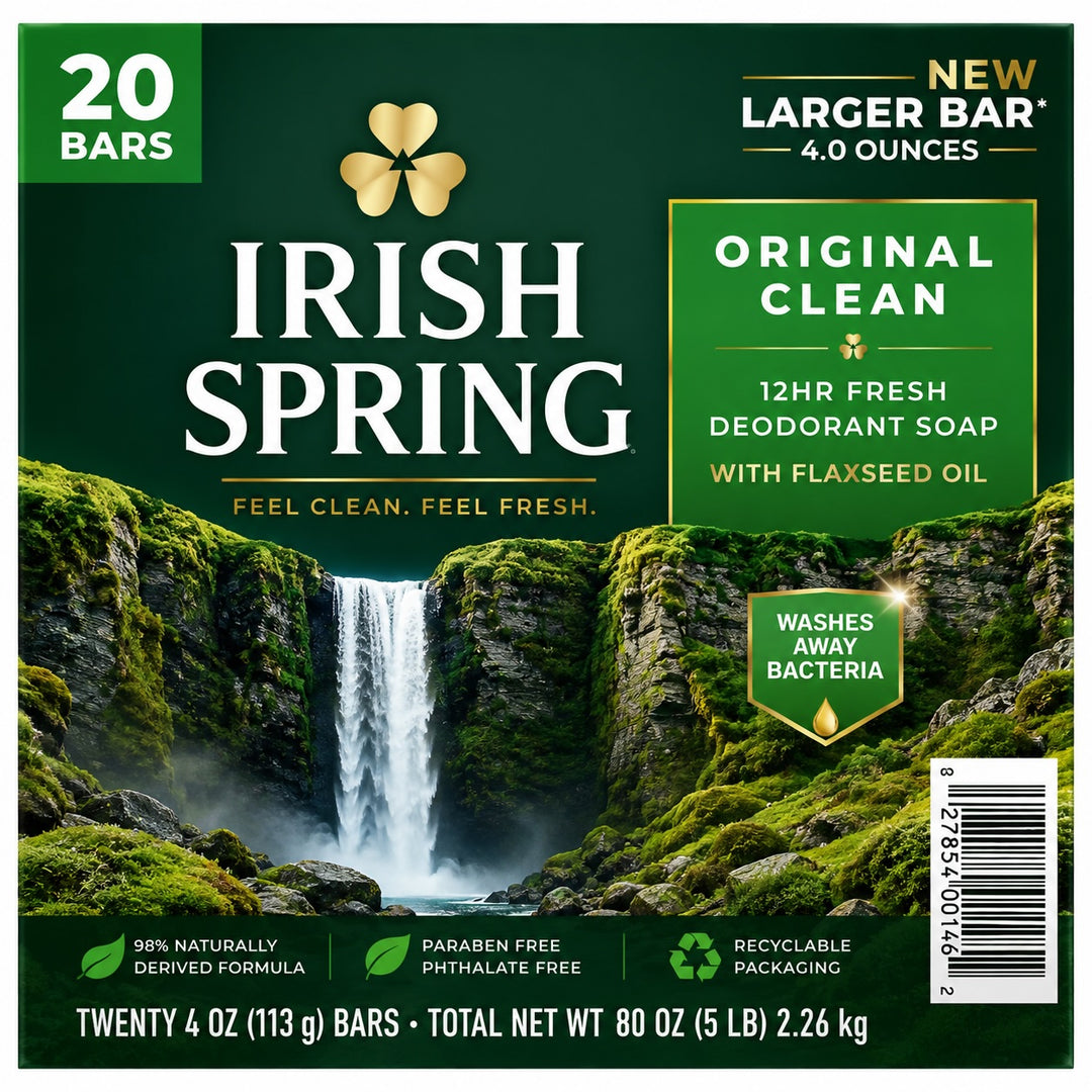 Irish Spring Original Clean Deodorant Bar Soap, 4 oz, 20 Count