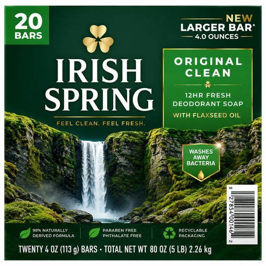Irish Spring Original Clean Deodorant Bar Soap, 4 oz, 20 Count