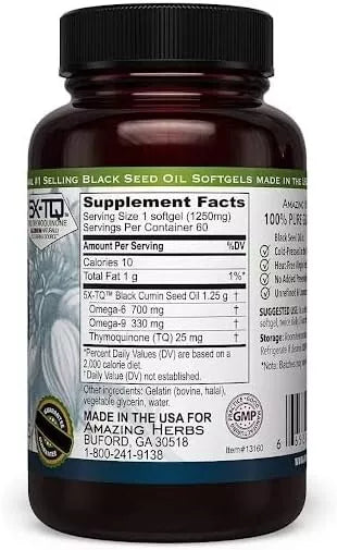 Amazing Herbs Premium Black Seed Oil Cold Pressed 60 Count 1250mg