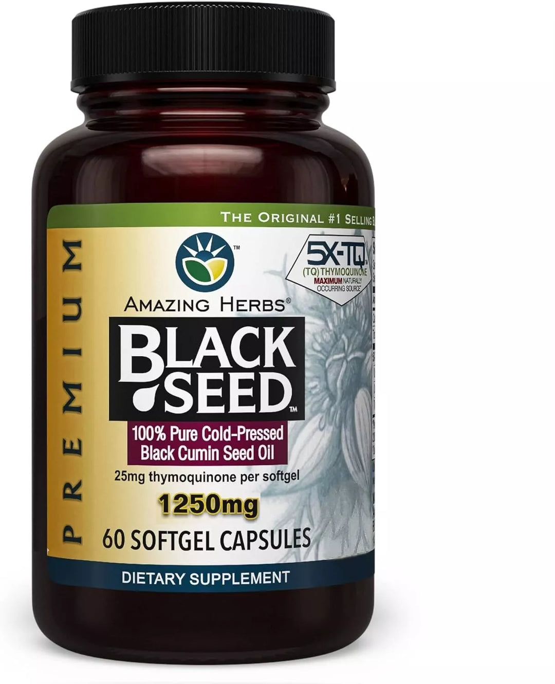 Amazing Herbs Premium Black Seed Oil Cold Pressed 60 Count 1250mg