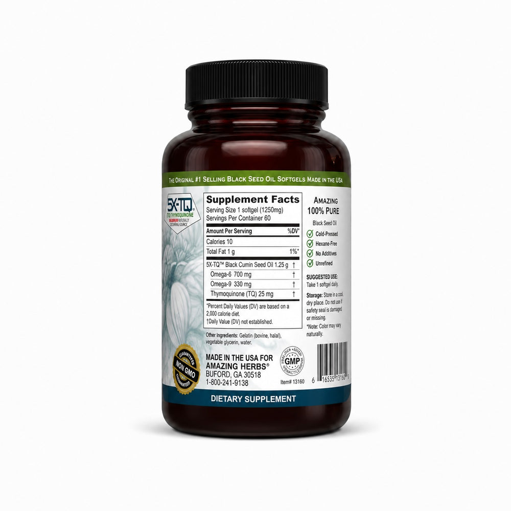 Amazing Herbs Premium Black Seed Oil Cold Pressed 60 Count 1250mg