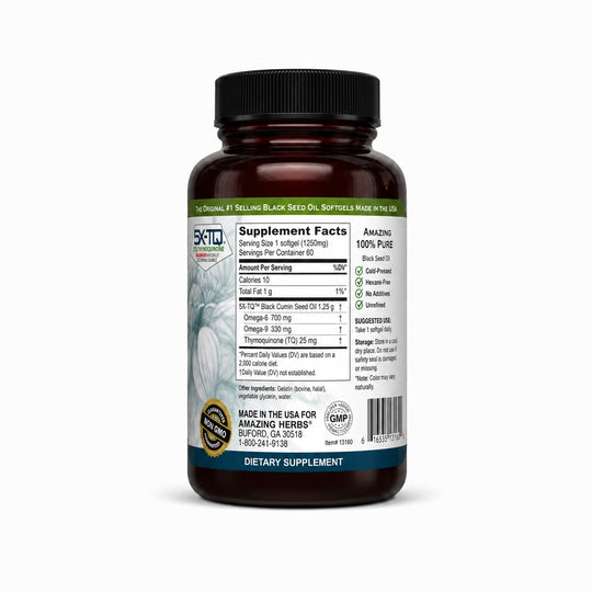 Amazing Herbs Premium Black Seed Oil Cold Pressed 60 Count 1250mg