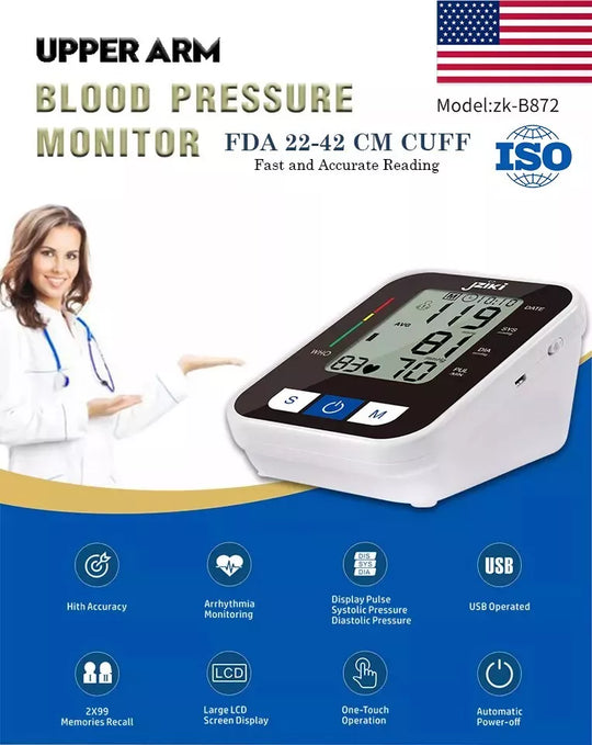 Automatic Arm Blood Pressure Monitor Digital BP Heart Rate Machine Model ZK-B872