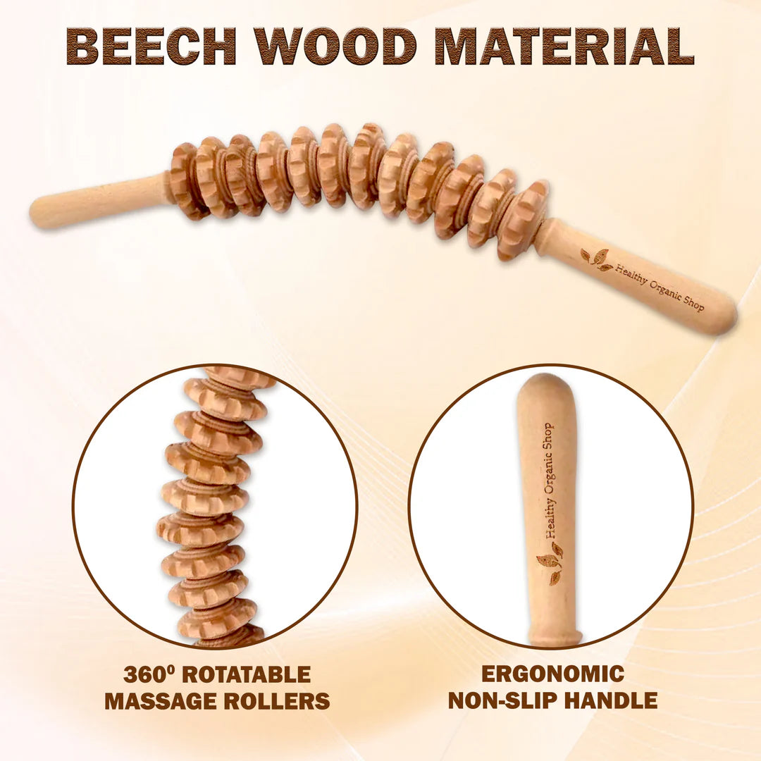Curved Wooden Therapy Massage Roller Tool – Lymphatic Drainage, Cellulite & Muscle Massage Stick for Waist, Thighs, and Stomach (Includes White Box)